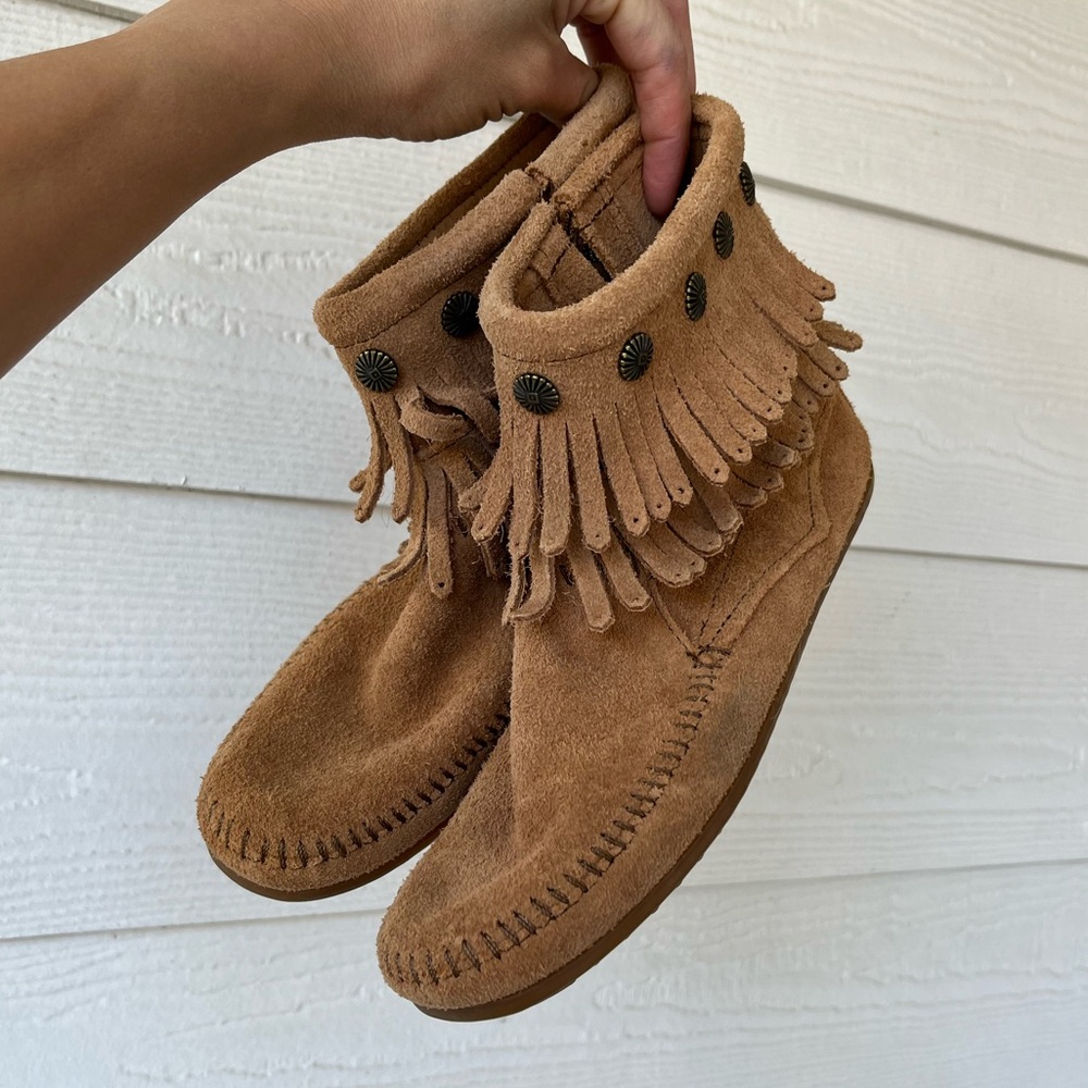 Minnetonka suede booties with metal bordered detailing